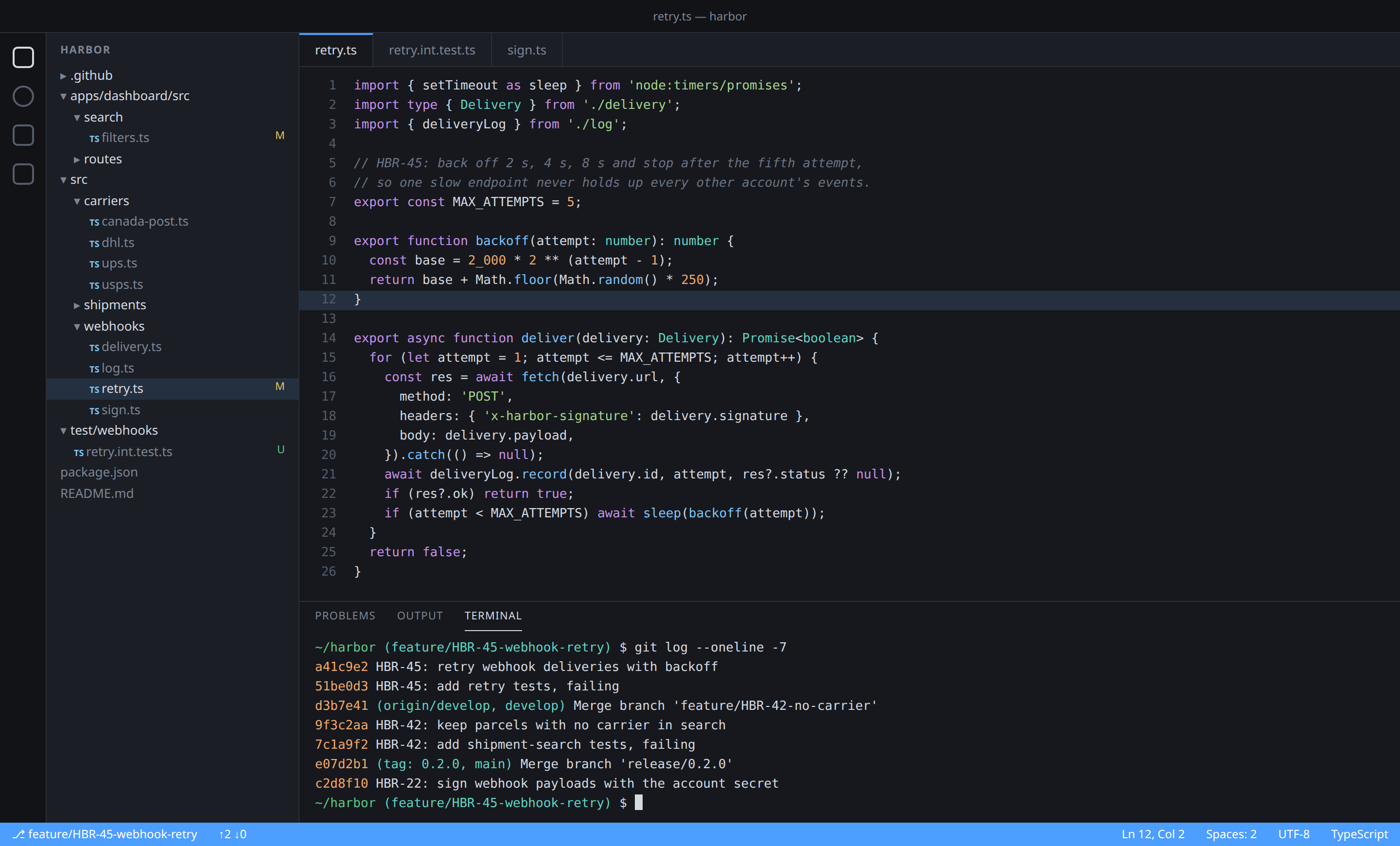 A code editor open on Harbor's webhook retry code, with a terminal whose git log shows commits named for HBR tickets on a git-flow feature branch, merged to develop and tagged 0.2.0 on main.