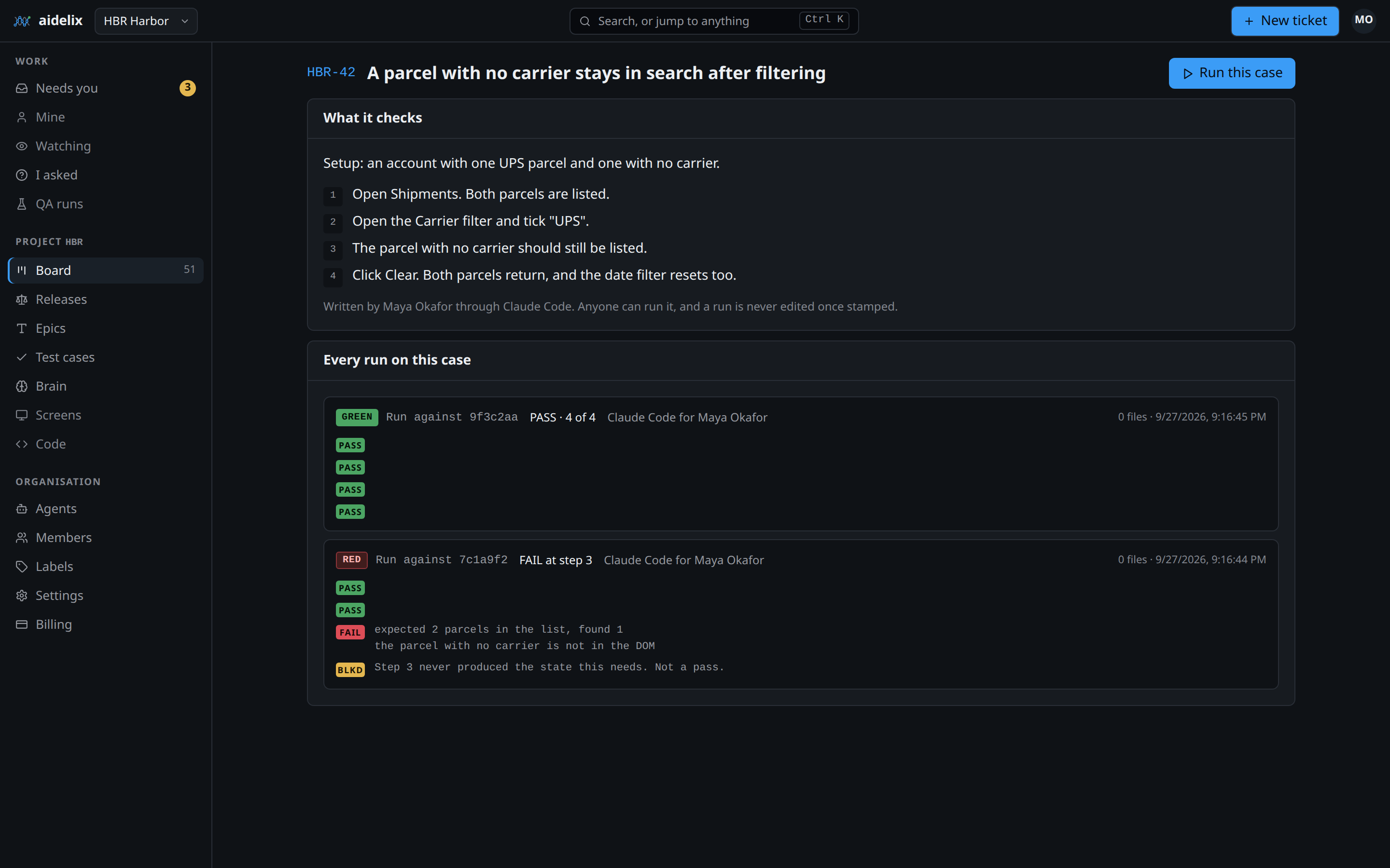 A Harbor test case, 'A parcel with no carrier stays in search after filtering', with a red run before the fix and a green run after it.